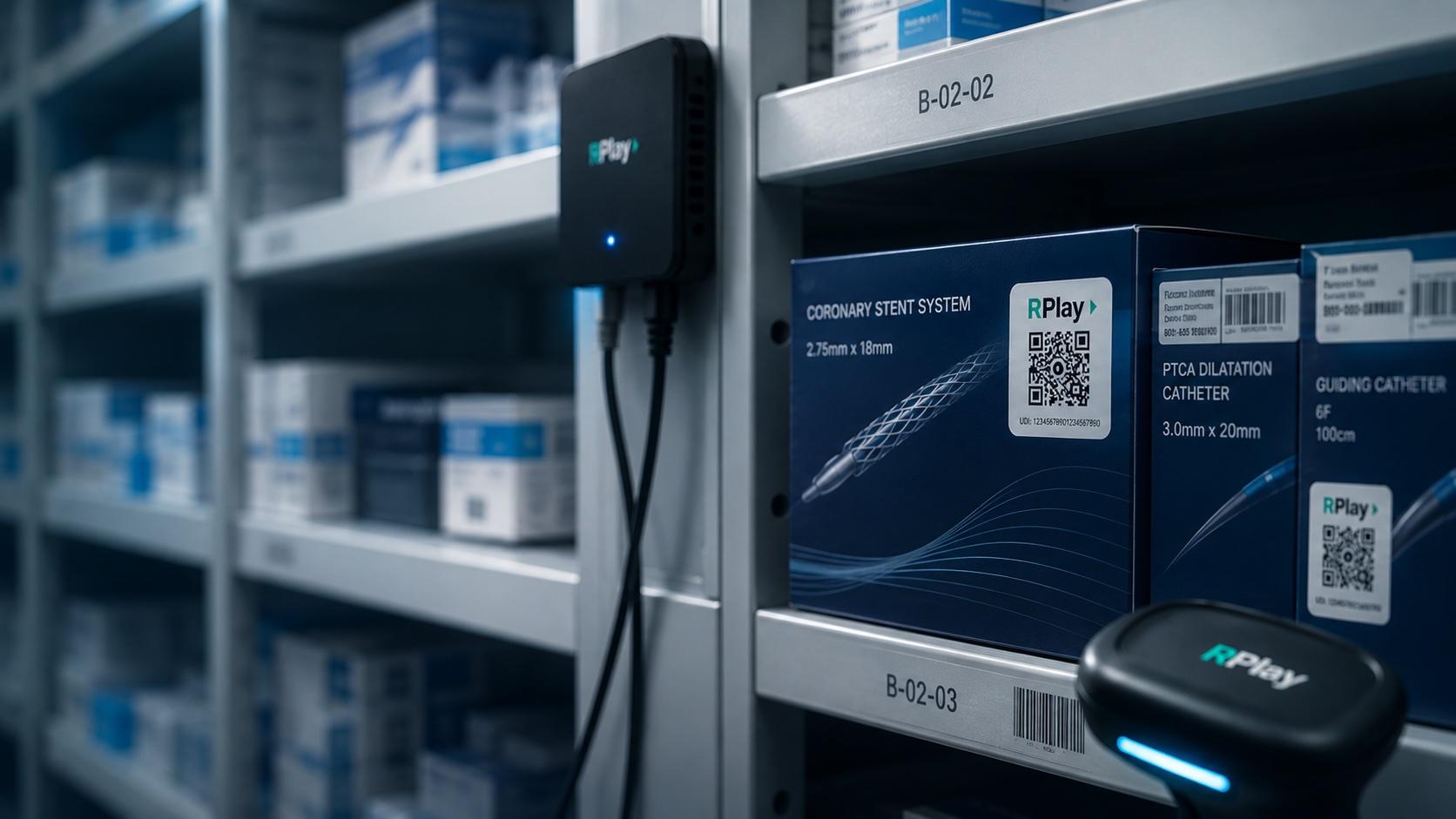 Consignment implants on a hospital pharmacy shelf, monitored by an RPlay gateway